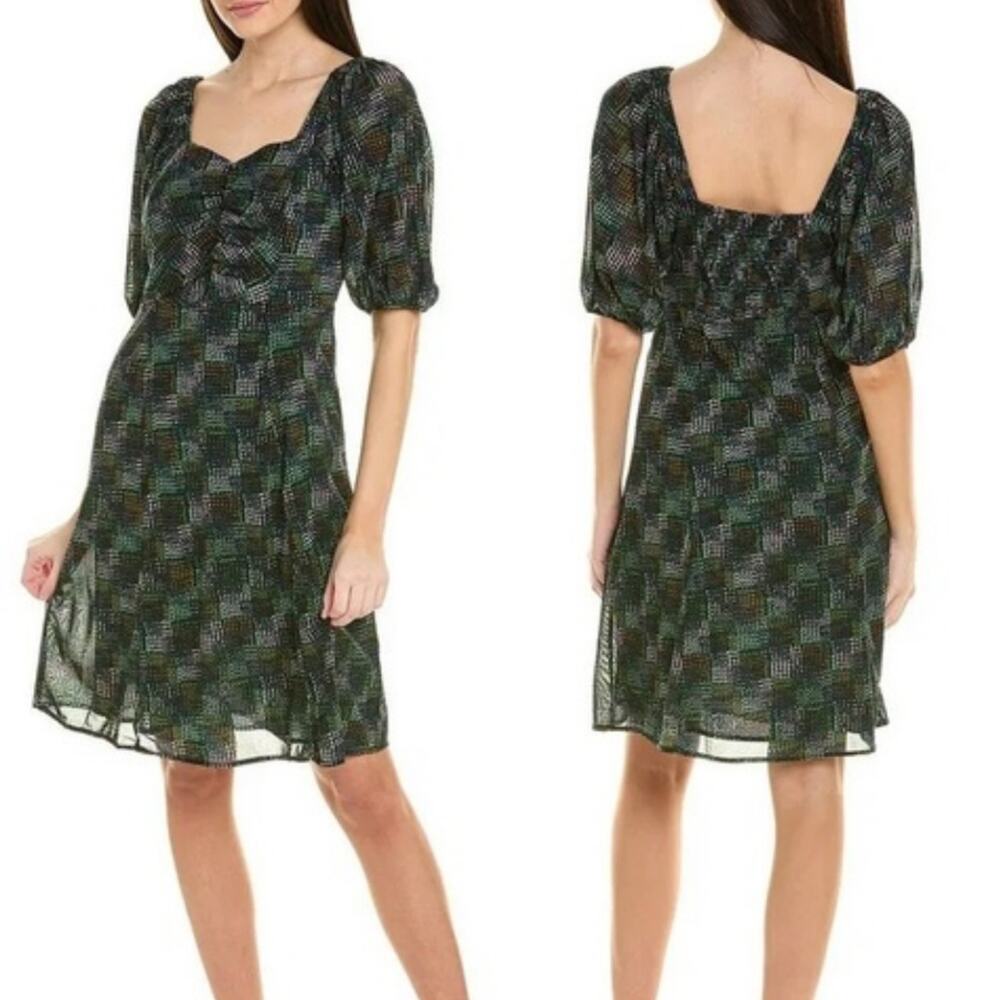 CAbi Elaine Puff Sleeve Dark Green A-Line Dress